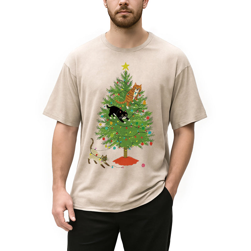 bbb Cats Playing On The Christmas Tree Washed T-Shirt