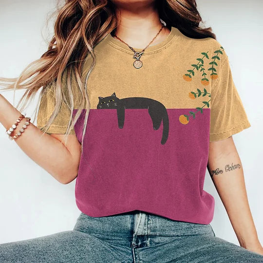 VStylish Zweifarbiges Katzen-T-Shirt – Lässiges Baumwoll-T-Shirt für jeden Tag
