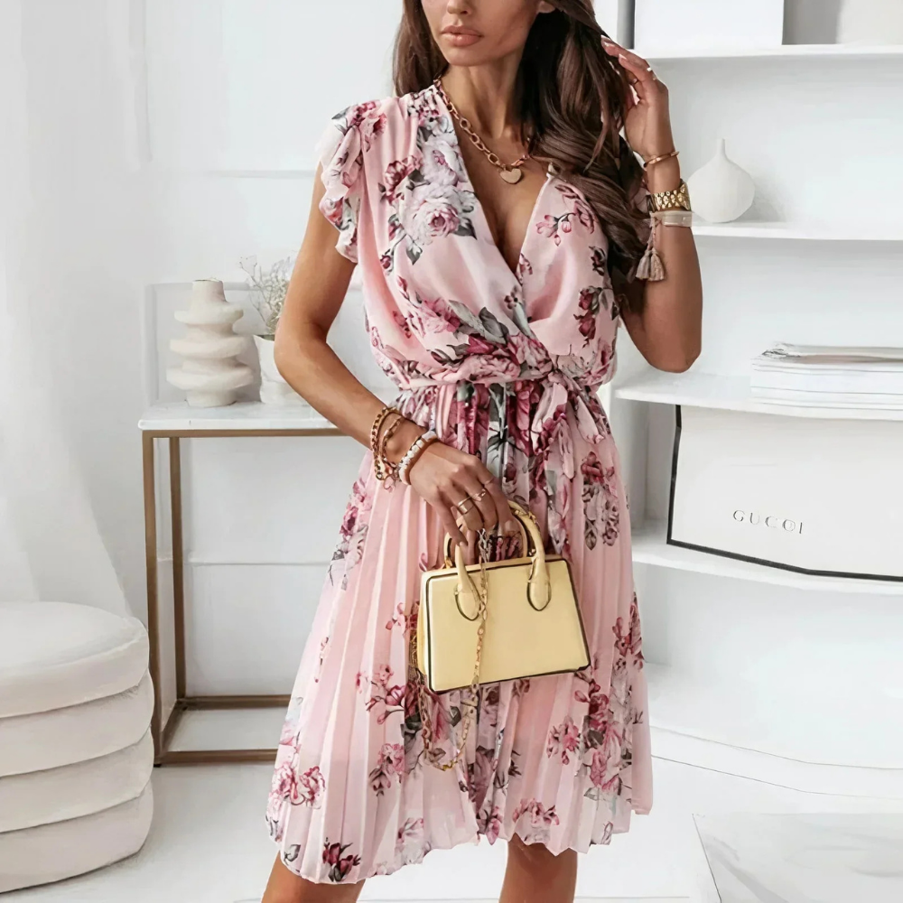 Elegant Floral Wrap Dress for Women - Lightweight Summer Wedding Guest Dress, Knee-Length Cocktail Dress