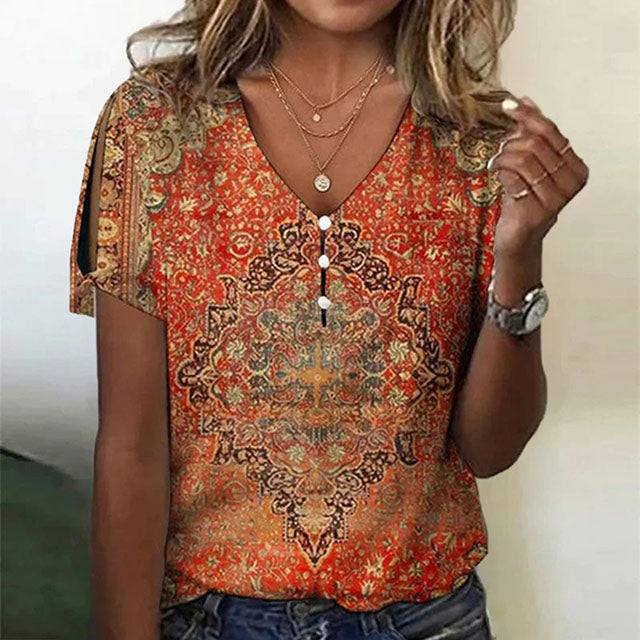 Vintage Ethnic Womens Blouse with V-Neck and Button Detail, Short Sleeve Summer Top for Women in Cotton Blend