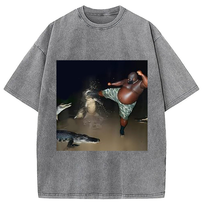 bbb Man Kick Alligator In Swamp Funny Washed T-Shirt