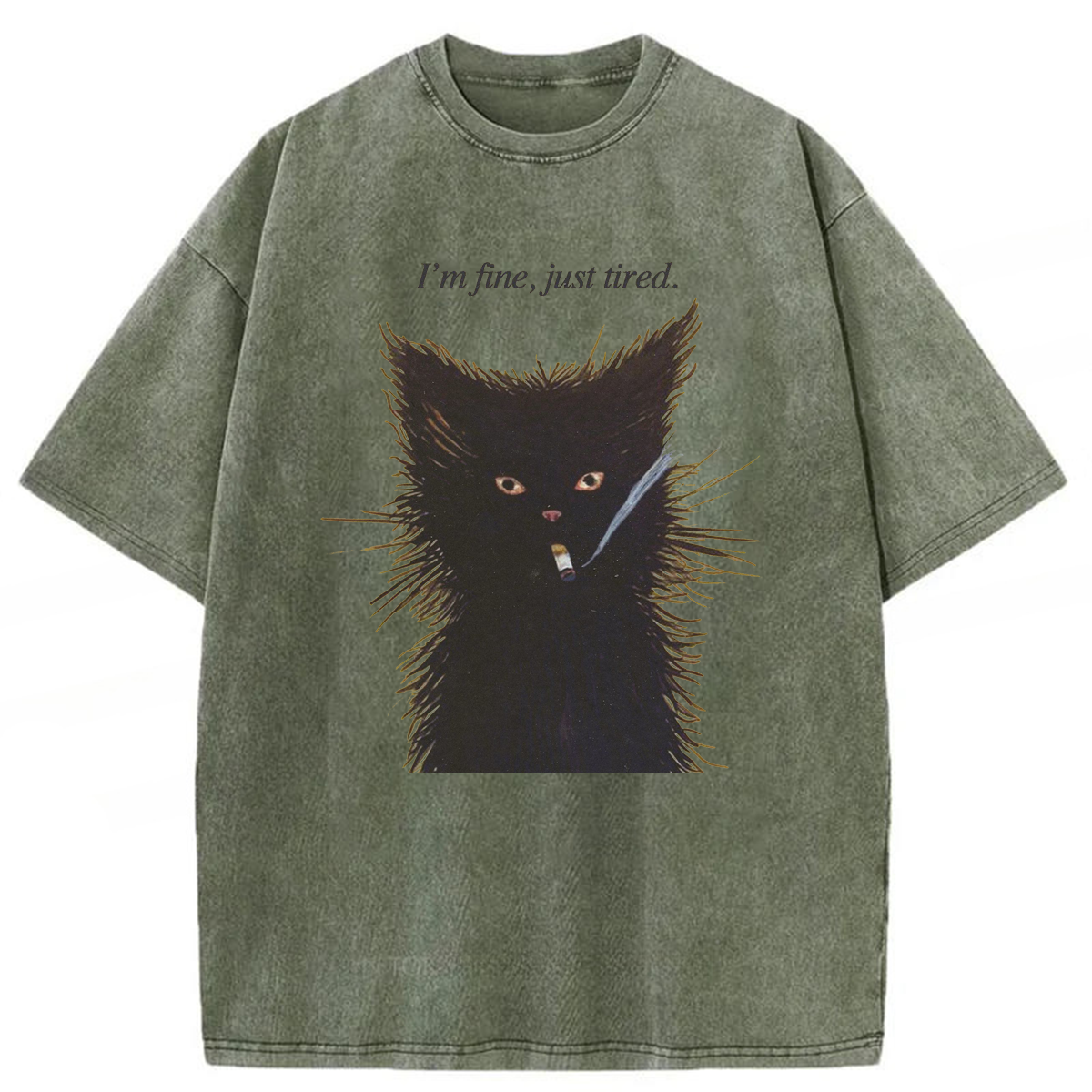 bbb I'm Fine Just Tired Cat Smoking Washed T-shirt