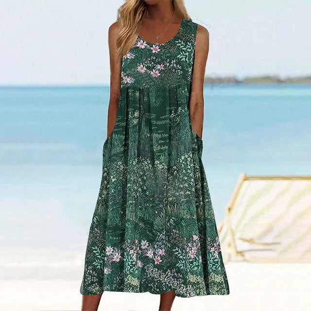 Floral Print Womens Dress with Round Neck and Pockets, Casual Summer Dress for Spring and Summer Outings