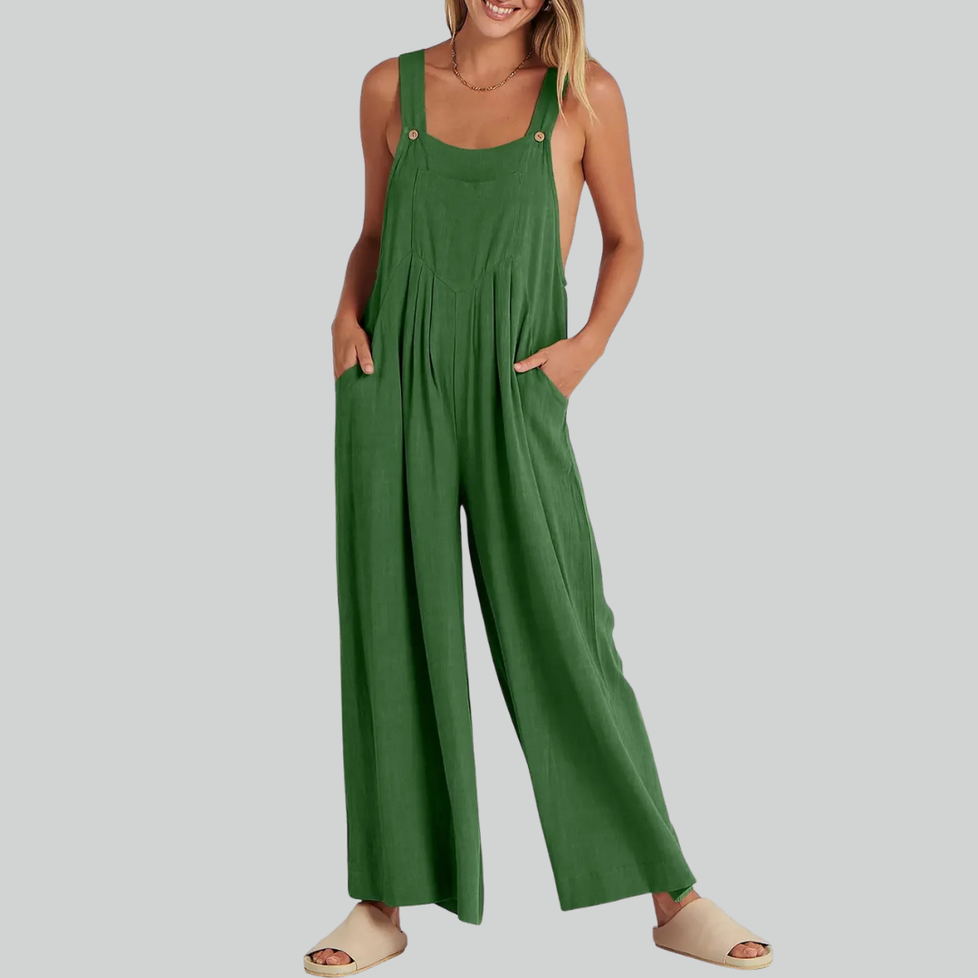 Plus Size Vintage Cotton Linen Wide Leg Overalls Jumpsuit with Pockets