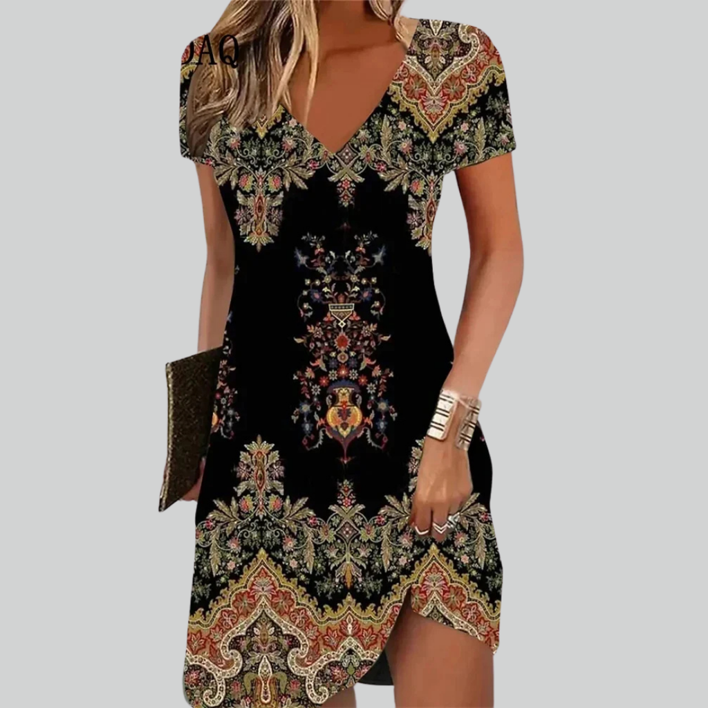 Retro Women Dresses Ethnic Floral Print Midi Dress Plus Size Short Sleeve V-Neck