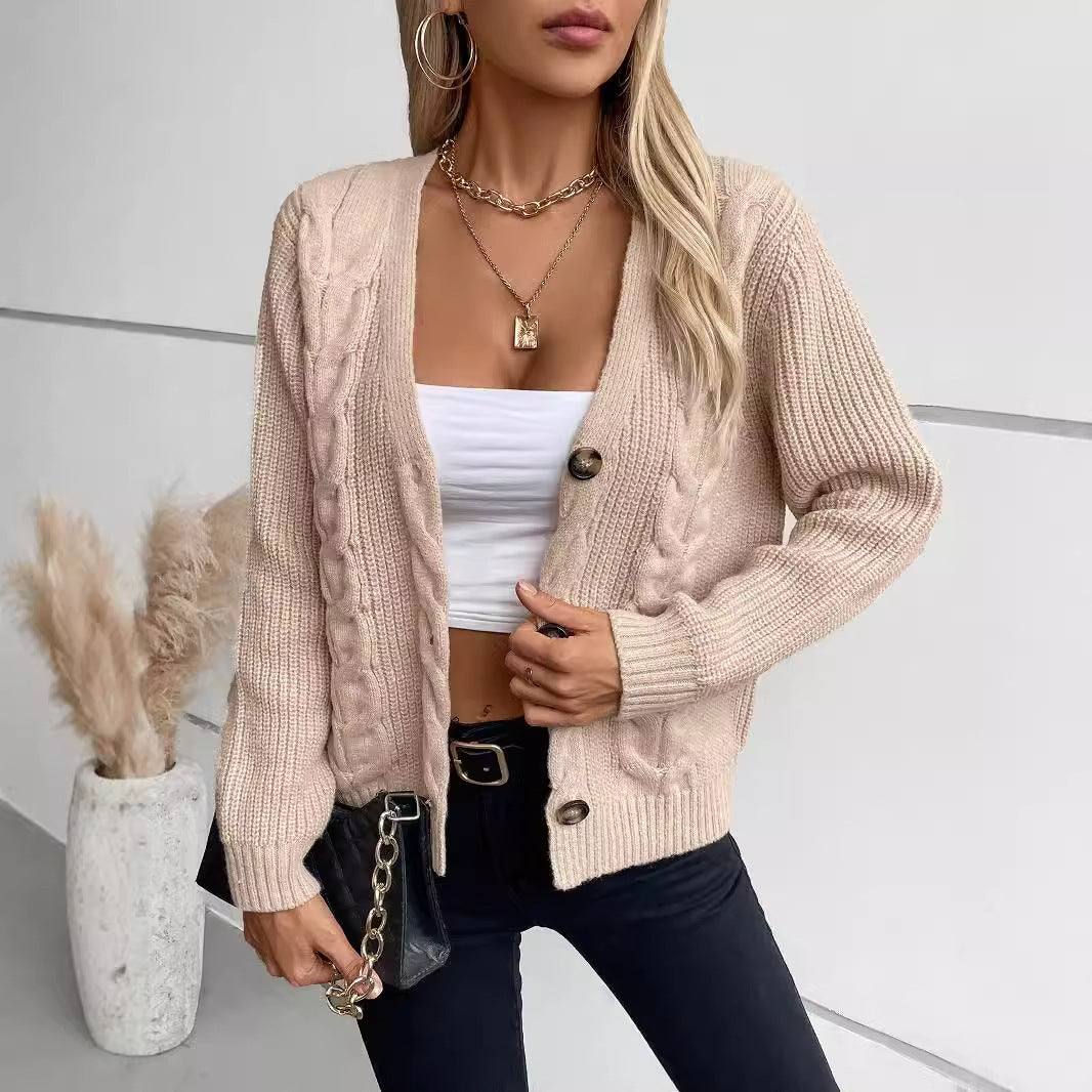 Oversized Women’s Cardigan - Twist Cable Knit V Neck Fall