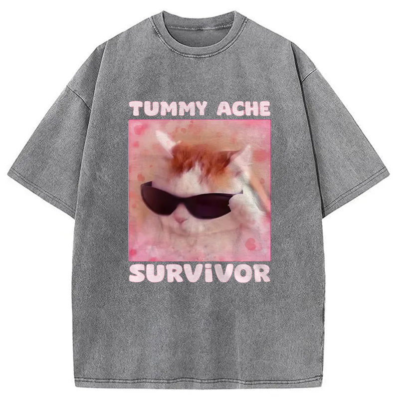 bbb Tummy Ache Survivor Funny Cat Meme Washed T-Shirt
