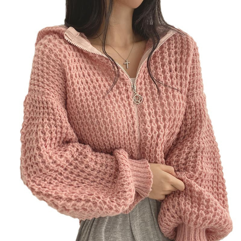 Warm Cozy Women's Cropped Sweater Coat - Hooded Chunky Knit