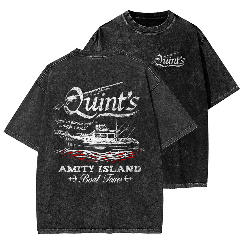 Quint's Shark Fishing Front And Back Printing Washed T-shirt