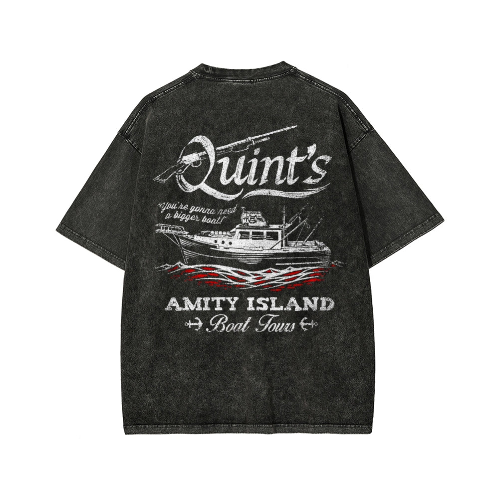Quint's Shark Fishing Front And Back Printing Washed T-shirt