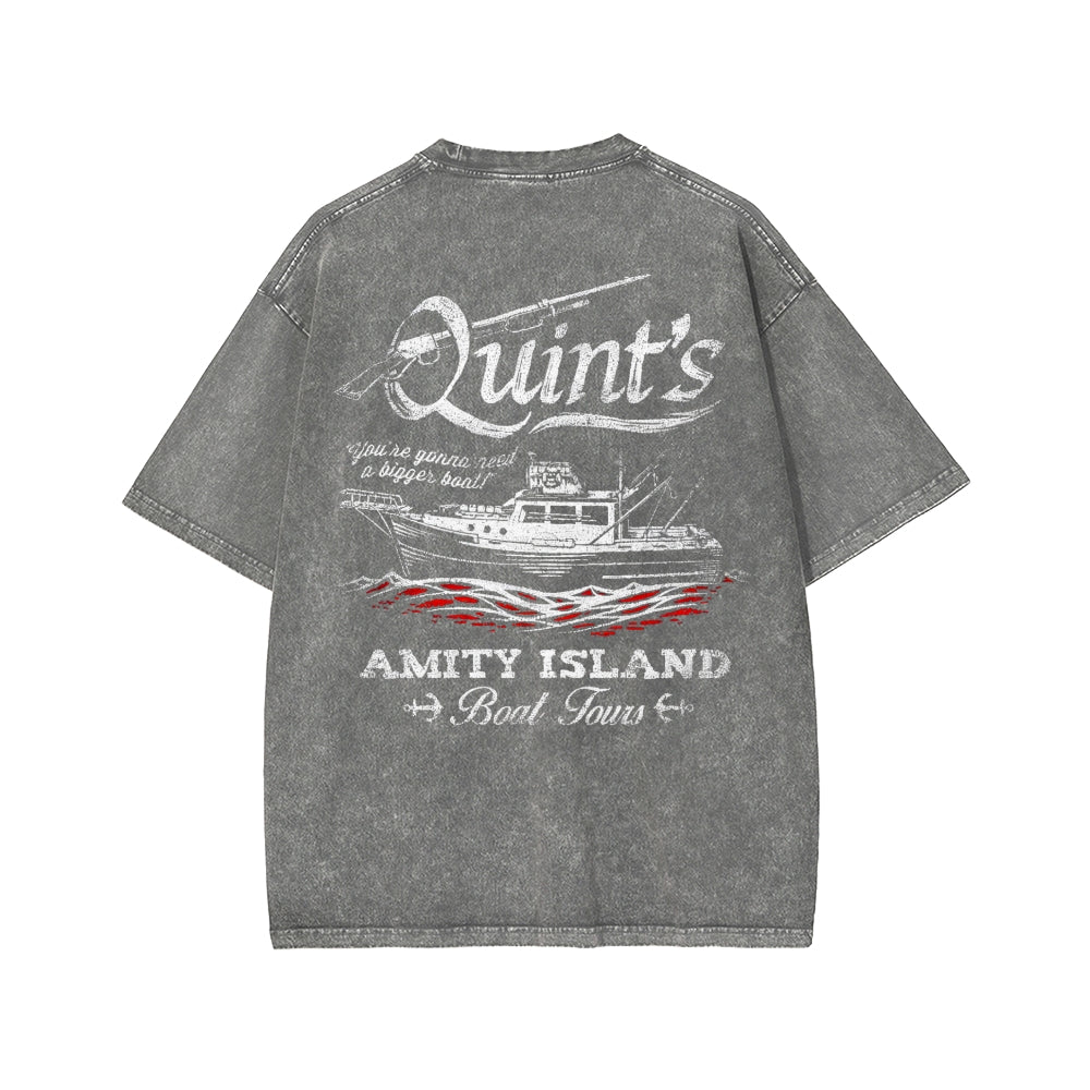 Quint's Shark Fishing Front And Back Printing Washed T-shirt