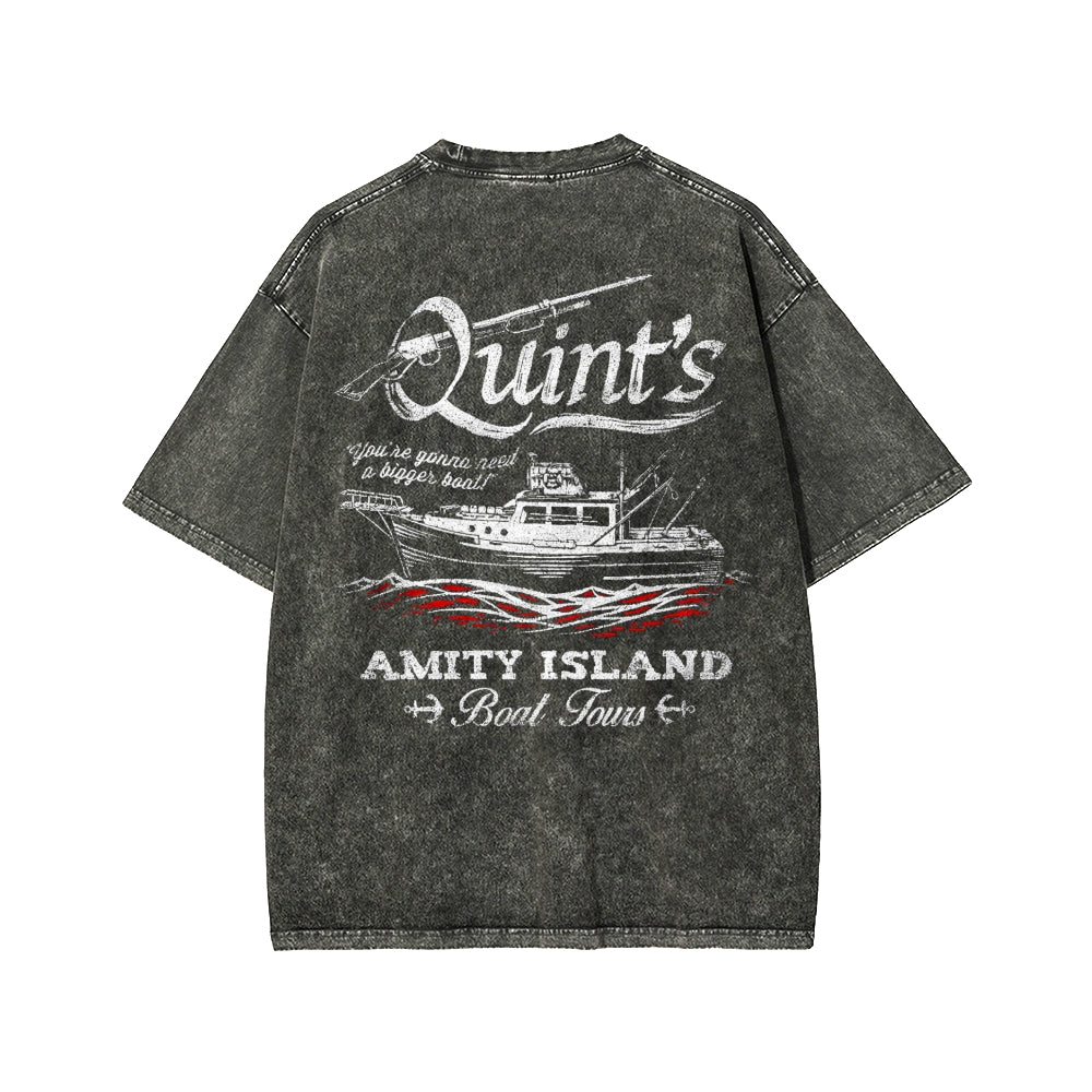 Quint's Shark Fishing Front And Back Printing Washed T-shirt