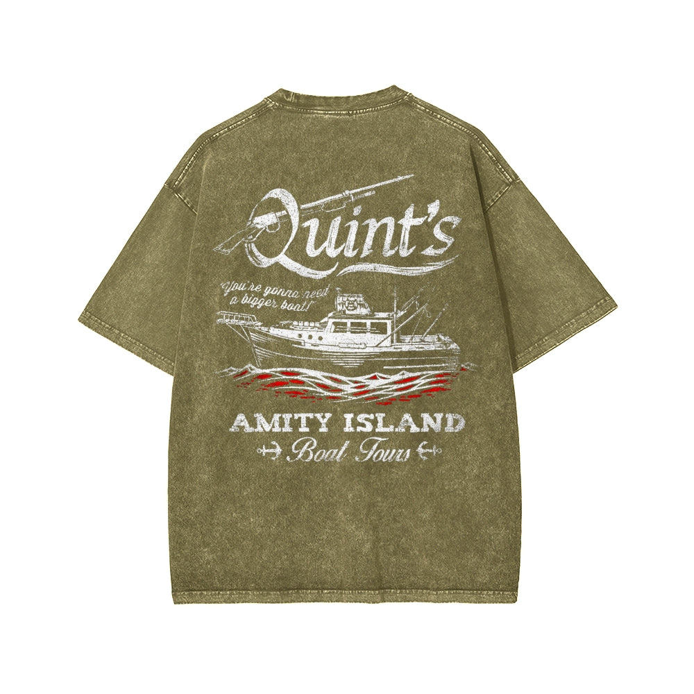 Quint's Shark Fishing Front And Back Printing Washed T-shirt