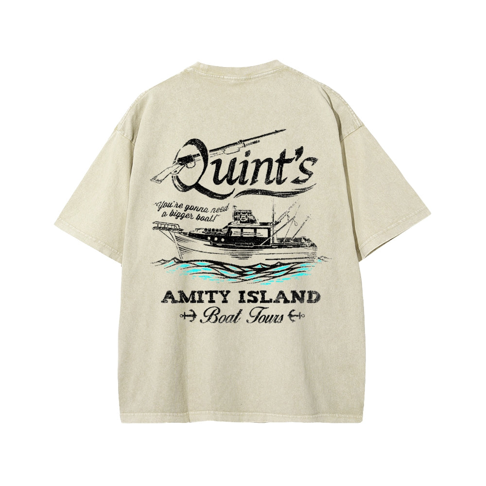 Quint's Shark Fishing Front And Back Printing Washed T-shirt