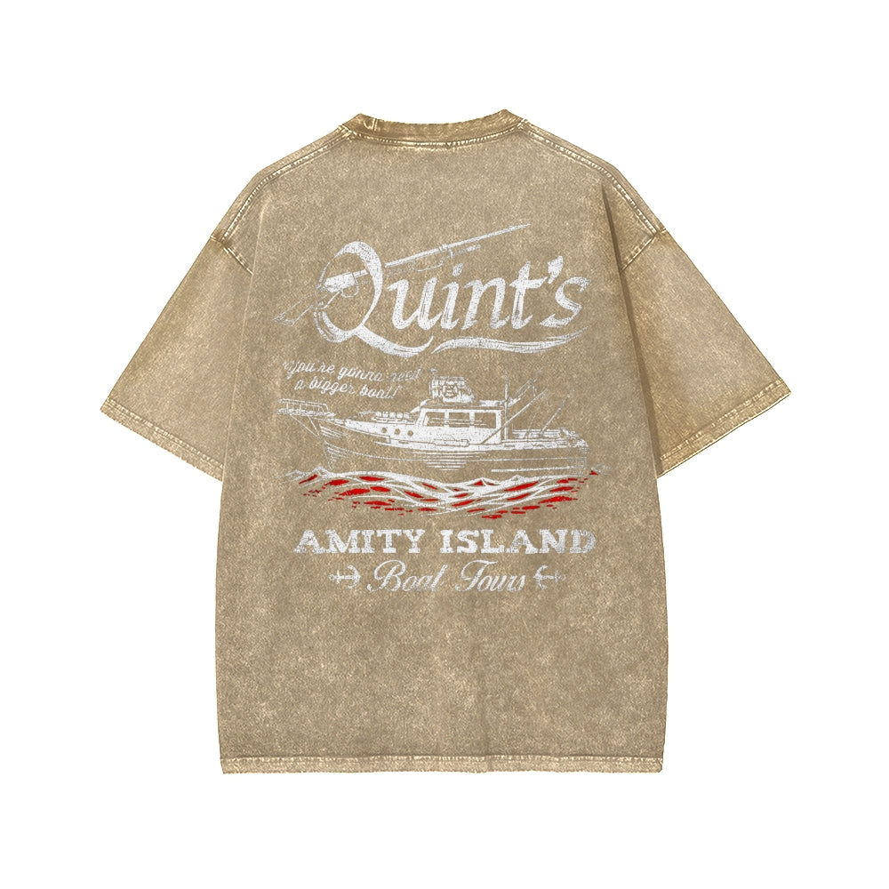 Quint's Shark Fishing Front And Back Printing Washed T-shirt