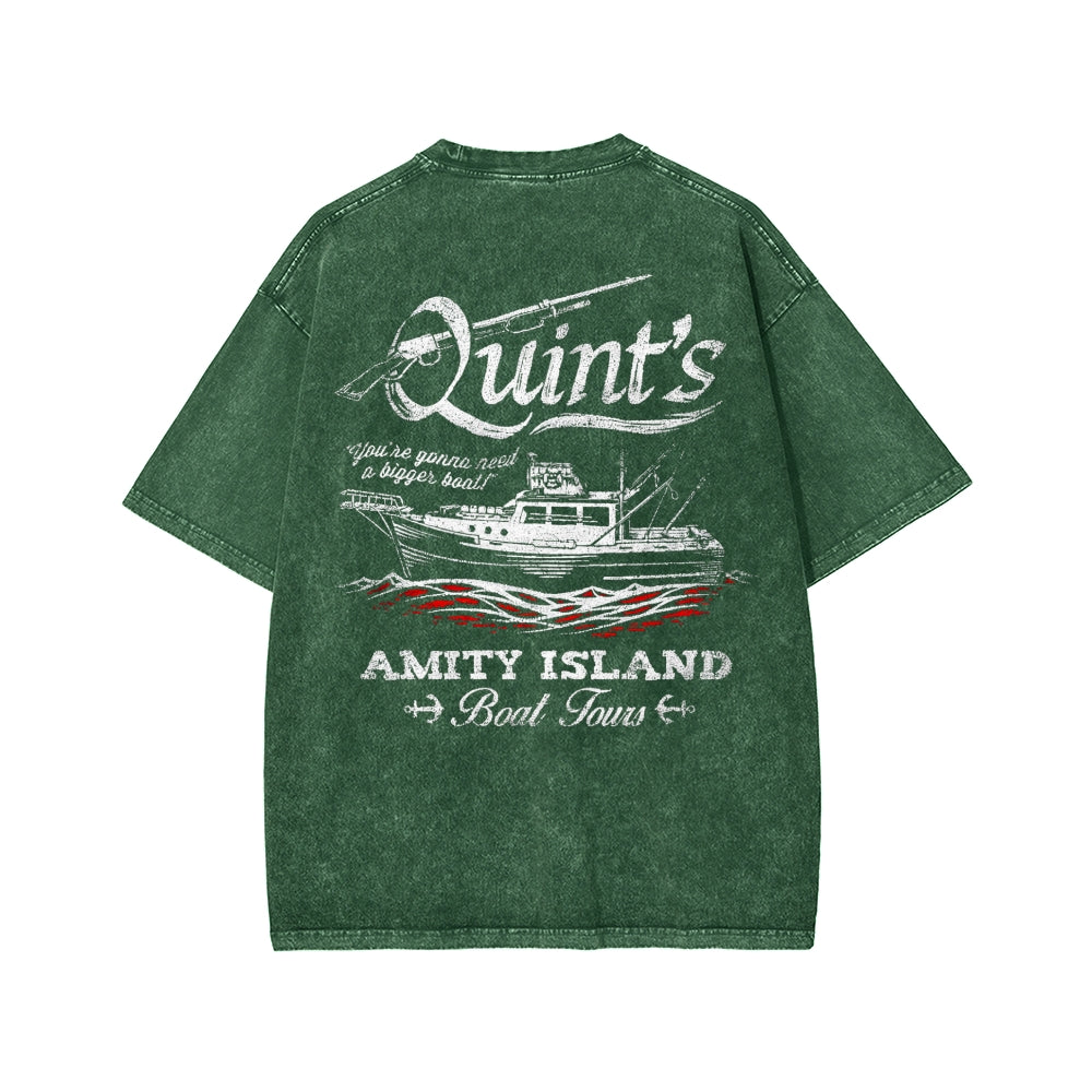 Quint's Shark Fishing Front And Back Printing Washed T-shirt