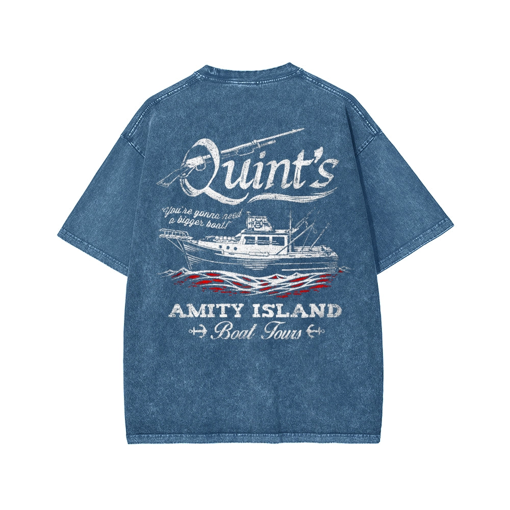 Quint's Shark Fishing Front And Back Printing Washed T-shirt