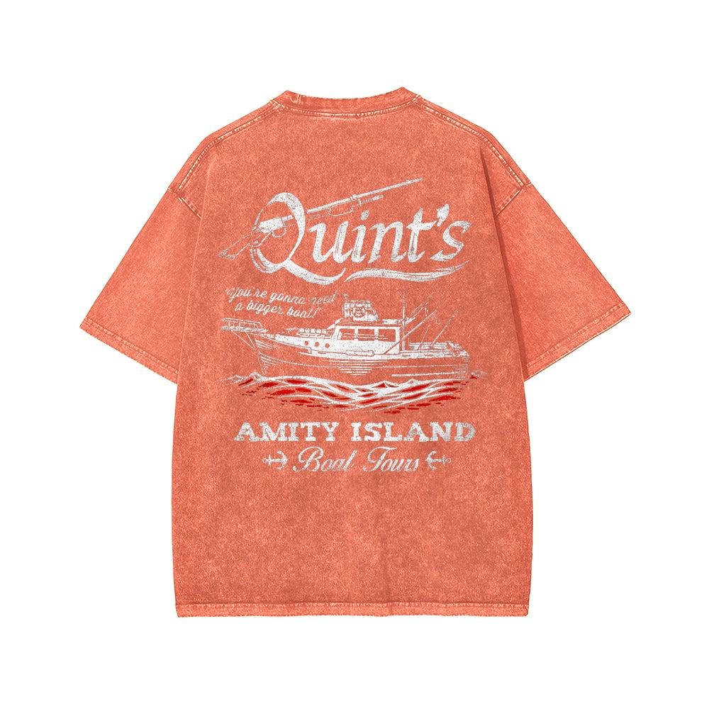 Quint's Shark Fishing Front And Back Printing Washed T-shirt