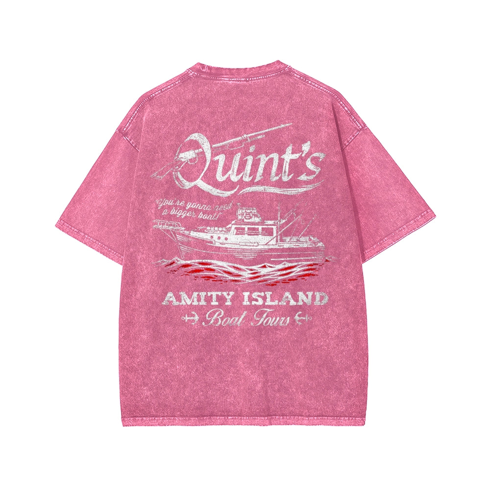 Quint's Shark Fishing Front And Back Printing Washed T-shirt
