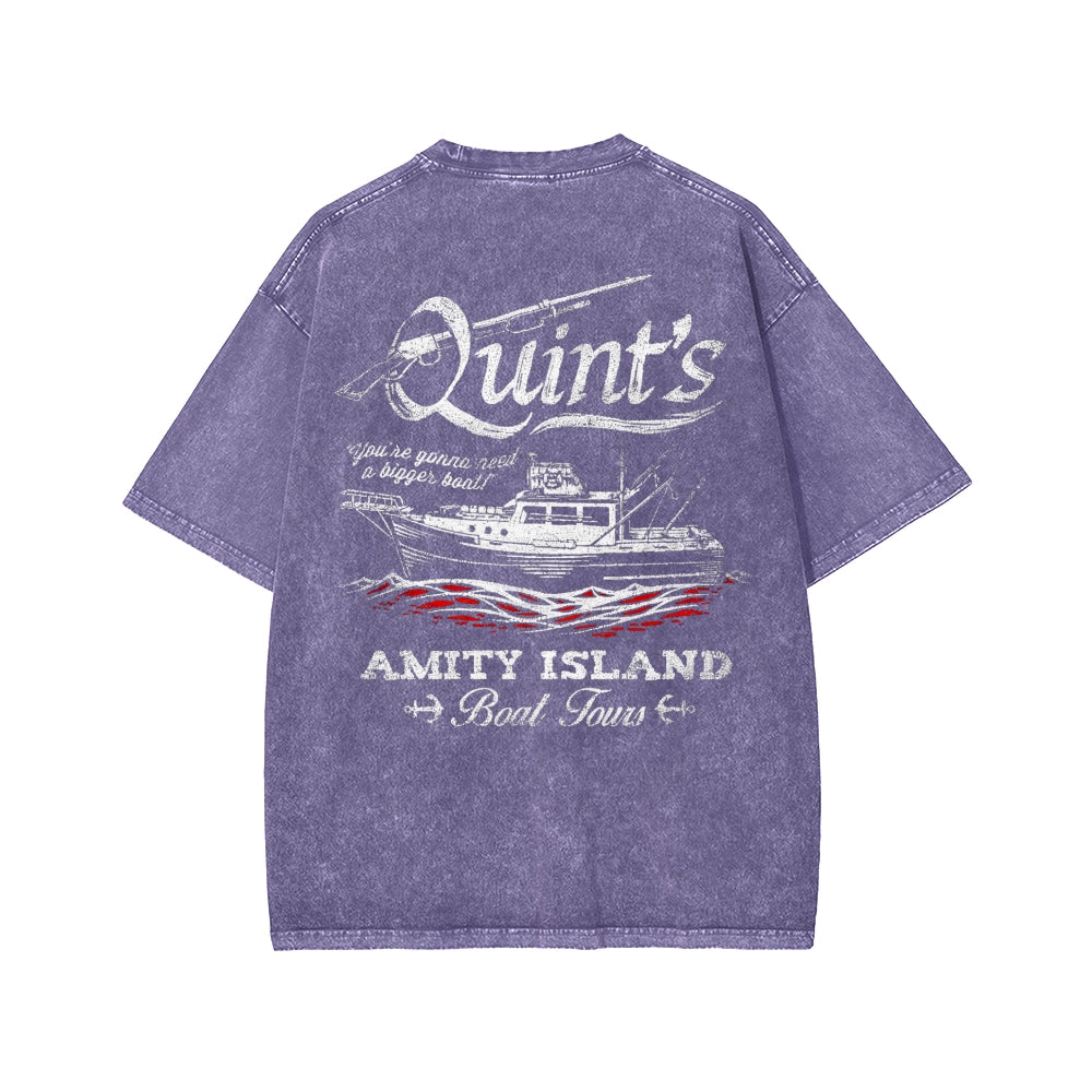 Quint's Shark Fishing Front And Back Printing Washed T-shirt