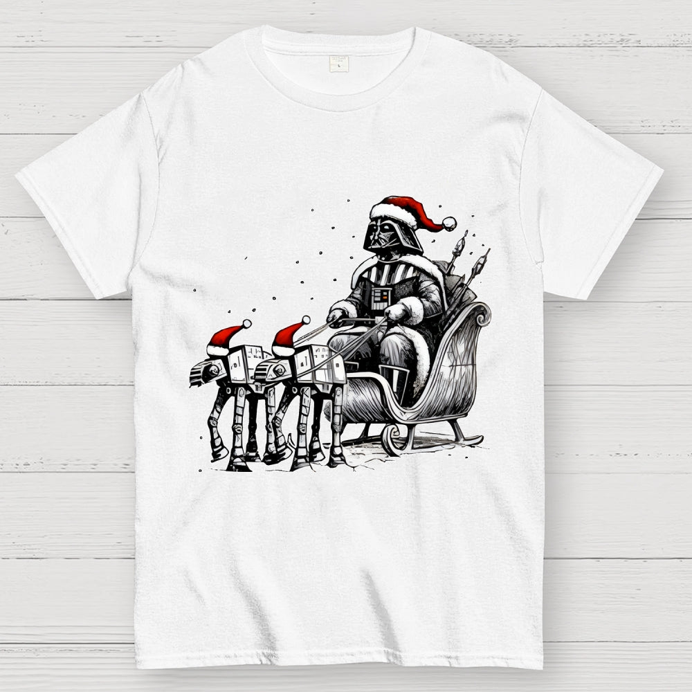 Dar   Riding A Sleigh Pulled By Empire Robot Dog-Planet Battles Christmas  T-Shirt