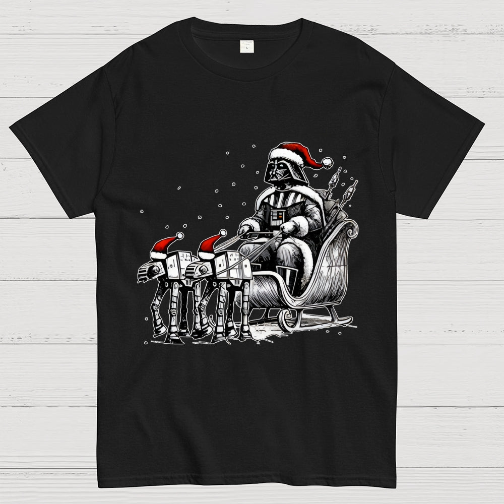 Dar   Riding A Sleigh Pulled By Empire Robot Dog-Planet Battles Christmas  T-Shirt