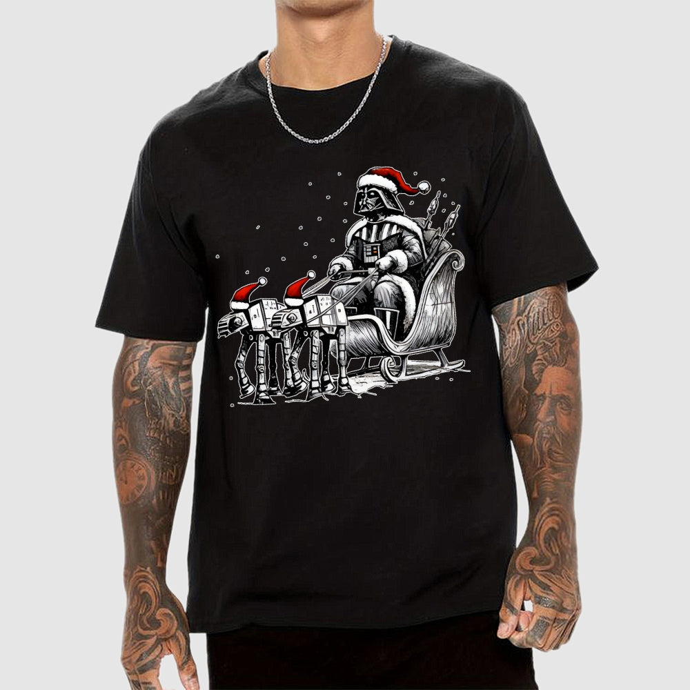 Dar   Riding A Sleigh Pulled By Empire Robot Dog-Planet Battles Christmas  T-Shirt