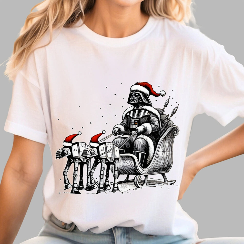 Dar   Riding A Sleigh Pulled By Empire Robot Dog-Planet Battles Christmas  T-Shirt
