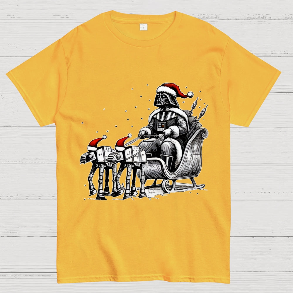 Dar   Riding A Sleigh Pulled By Empire Robot Dog-Planet Battles Christmas  T-Shirt