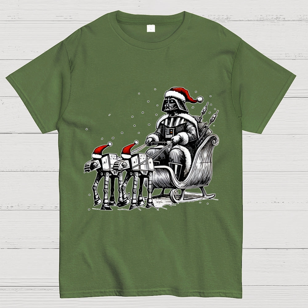 Dar   Riding A Sleigh Pulled By Empire Robot Dog-Planet Battles Christmas  T-Shirt
