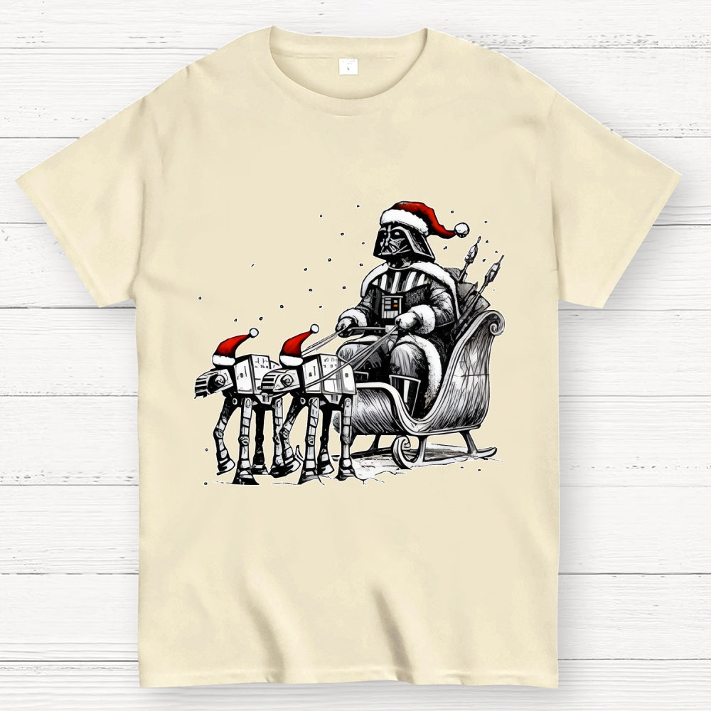 Dar   Riding A Sleigh Pulled By Empire Robot Dog-Planet Battles Christmas  T-Shirt