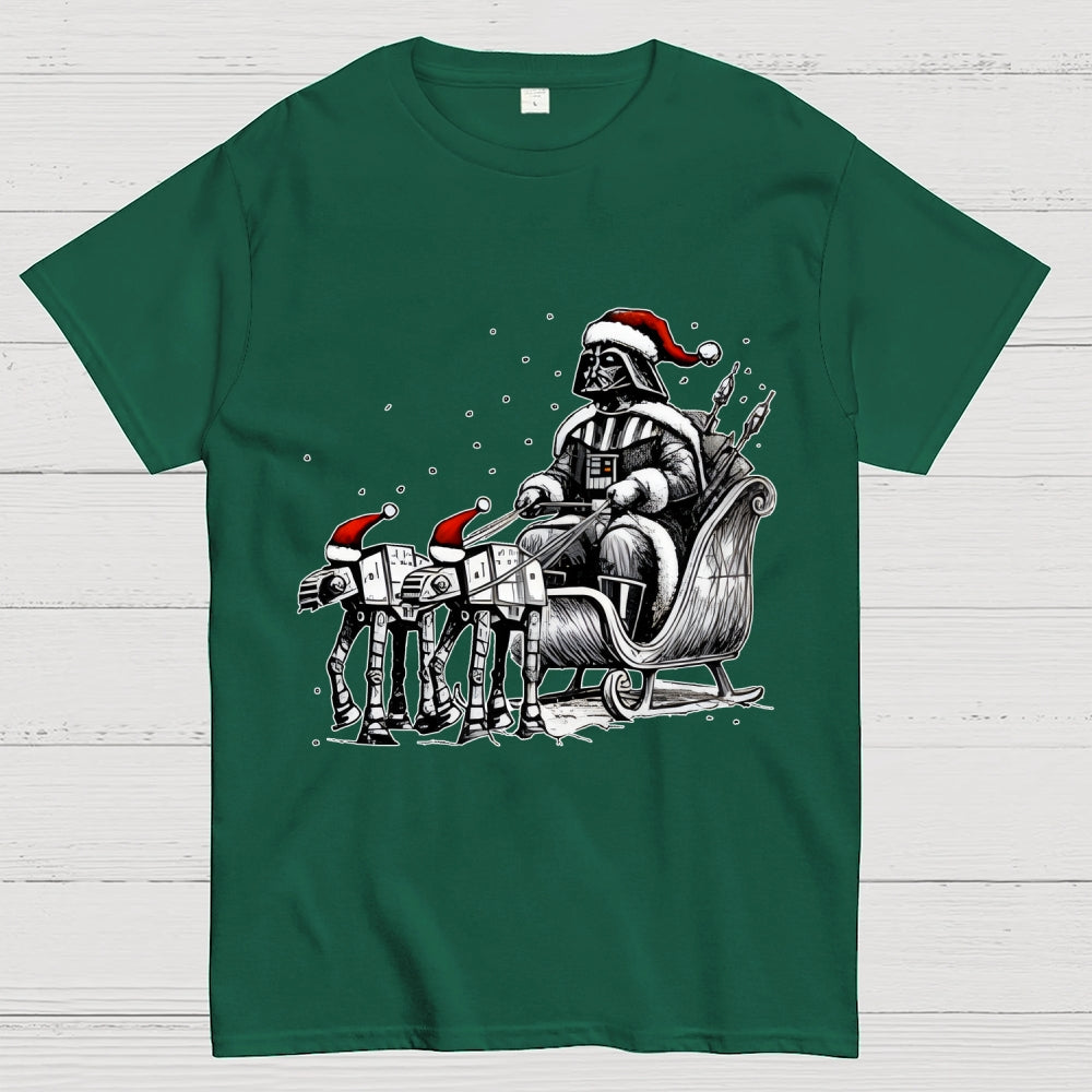 Dar   Riding A Sleigh Pulled By Empire Robot Dog-Planet Battles Christmas  T-Shirt