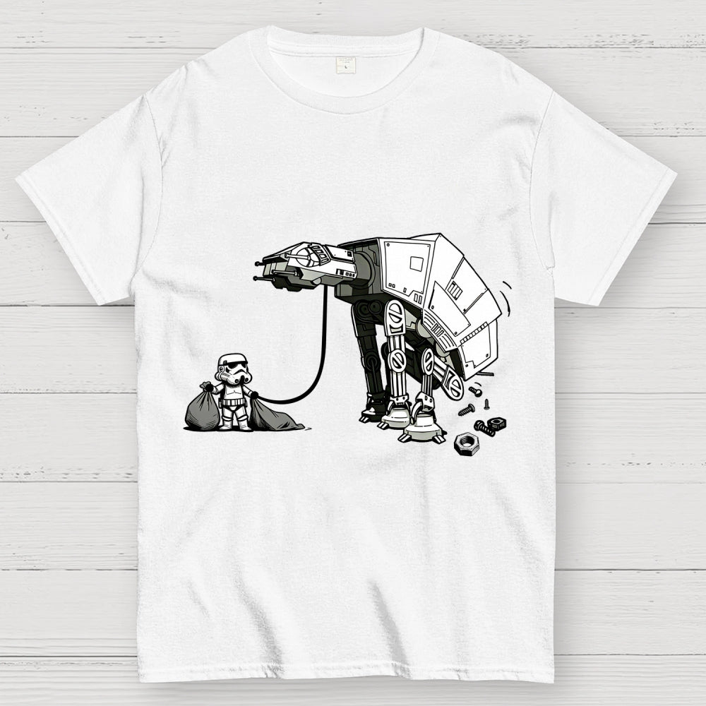 A Stormtrooper Is Picking Up Feces With A Huge Poop Bag Empire Robot Dog-Planet Battles  T-Shirt