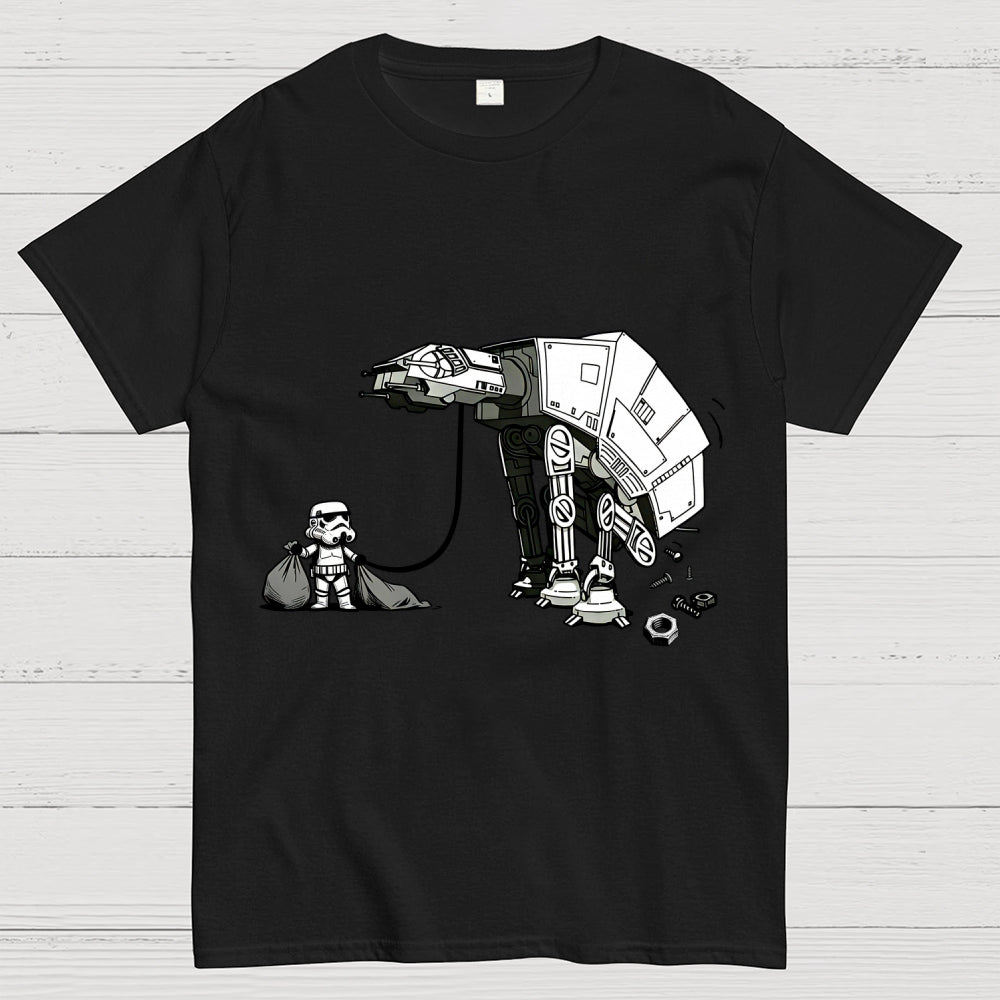 A Stormtrooper Is Picking Up Feces With A Huge Poop Bag Empire Robot Dog-Planet Battles  T-Shirt