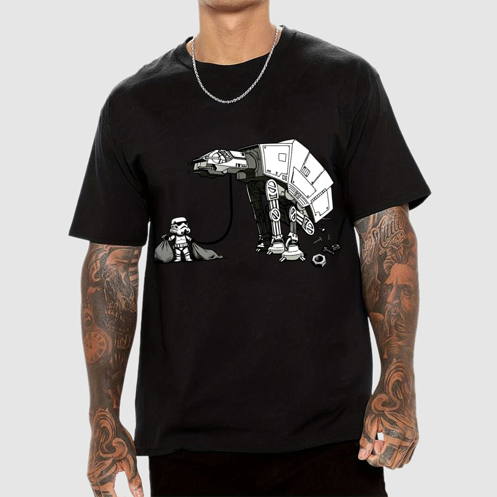 A Stormtrooper Is Picking Up Feces With A Huge Poop Bag Empire Robot Dog-Planet Battles  T-Shirt