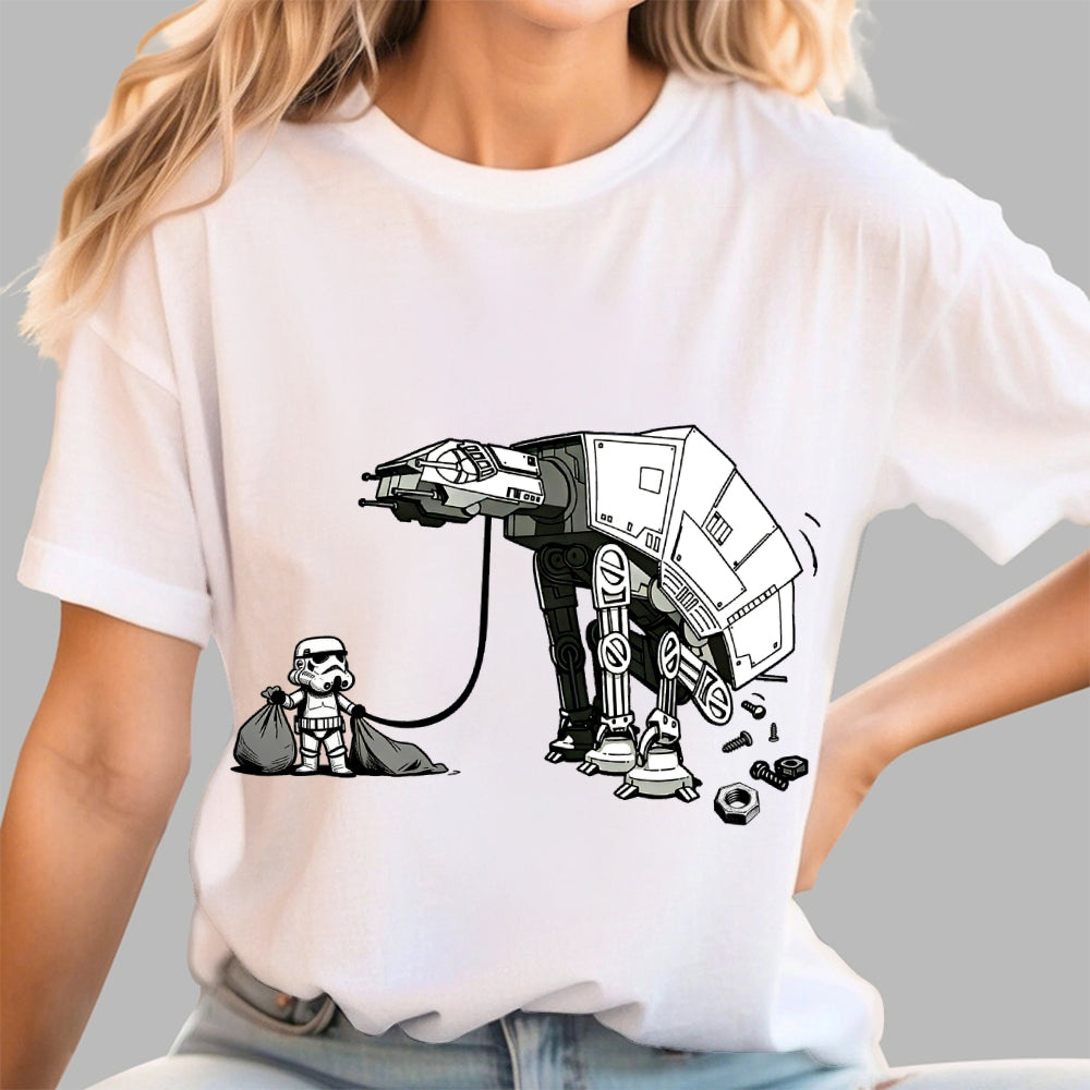 A Stormtrooper Is Picking Up Feces With A Huge Poop Bag Empire Robot Dog-Planet Battles  T-Shirt