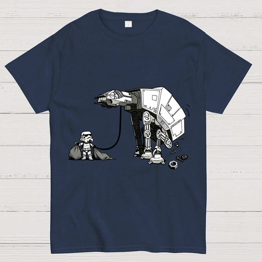 A Stormtrooper Is Picking Up Feces With A Huge Poop Bag Empire Robot Dog-Planet Battles  T-Shirt
