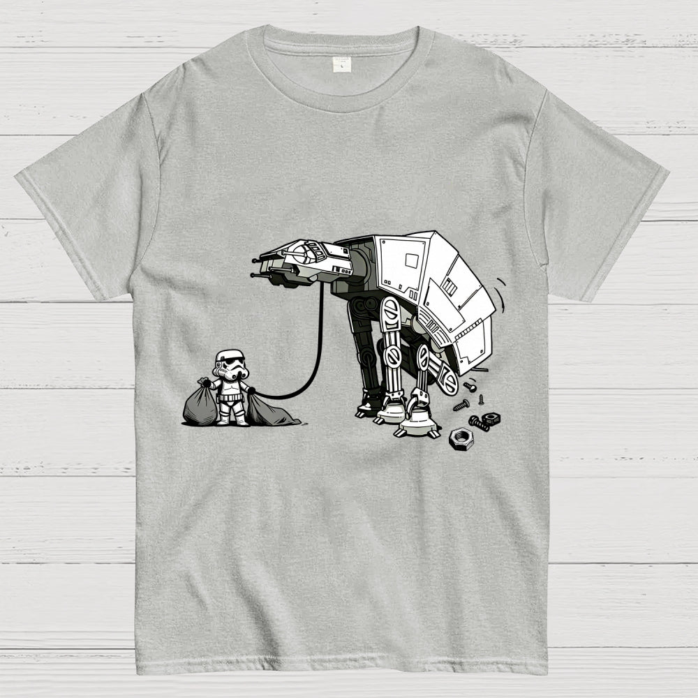 A Stormtrooper Is Picking Up Feces With A Huge Poop Bag Empire Robot Dog-Planet Battles  T-Shirt