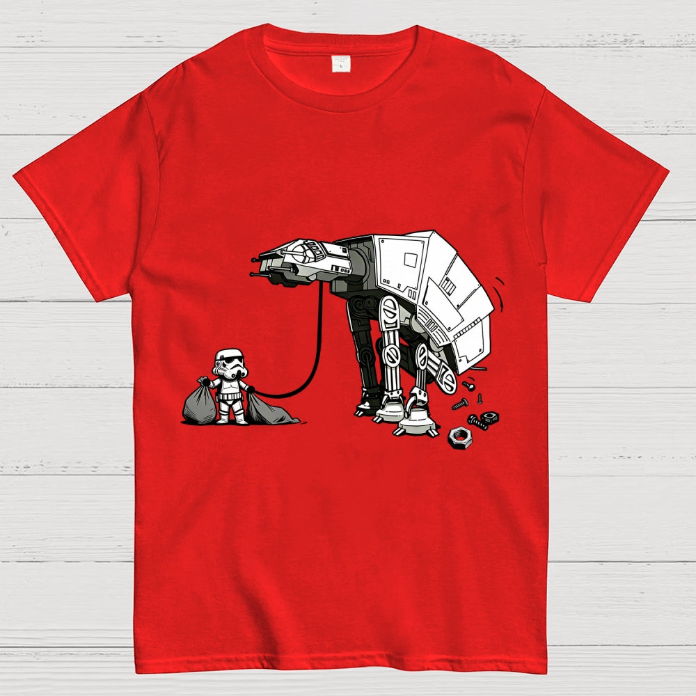 A Stormtrooper Is Picking Up Feces With A Huge Poop Bag Empire Robot Dog-Planet Battles  T-Shirt