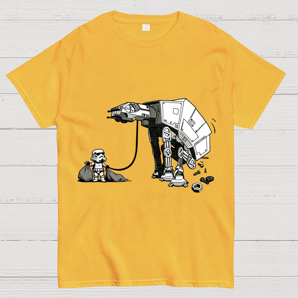 A Stormtrooper Is Picking Up Feces With A Huge Poop Bag Empire Robot Dog-Planet Battles  T-Shirt