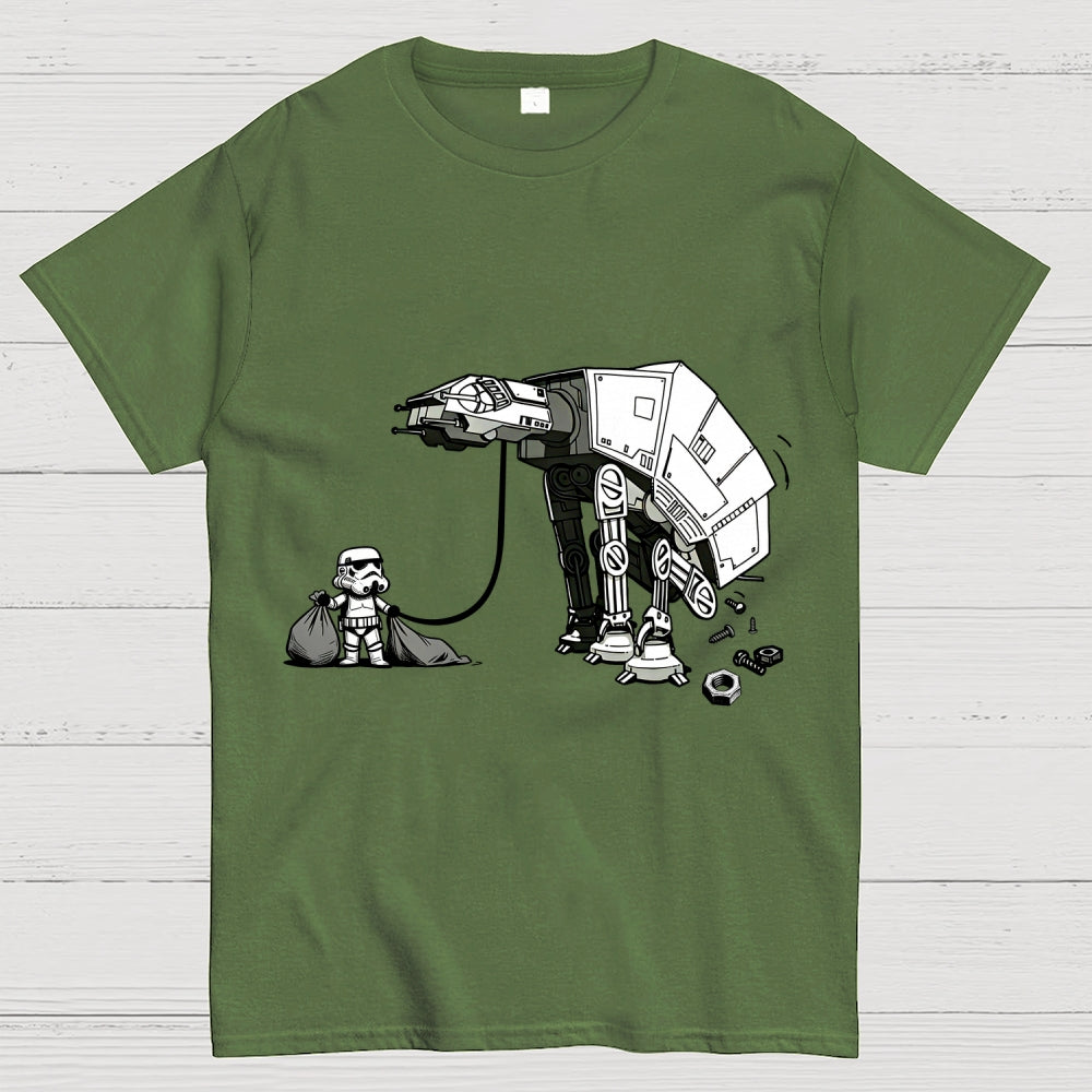 A Stormtrooper Is Picking Up Feces With A Huge Poop Bag Empire Robot Dog-Planet Battles  T-Shirt