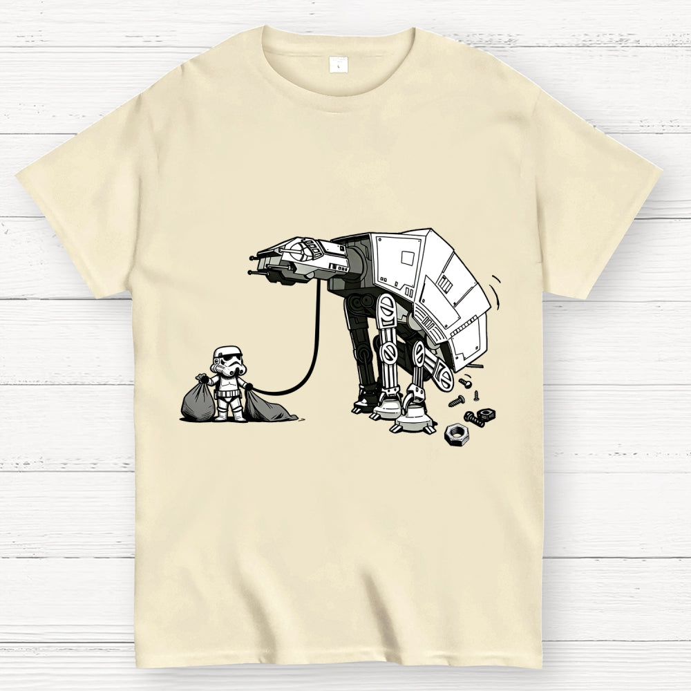 A Stormtrooper Is Picking Up Feces With A Huge Poop Bag Empire Robot Dog-Planet Battles  T-Shirt