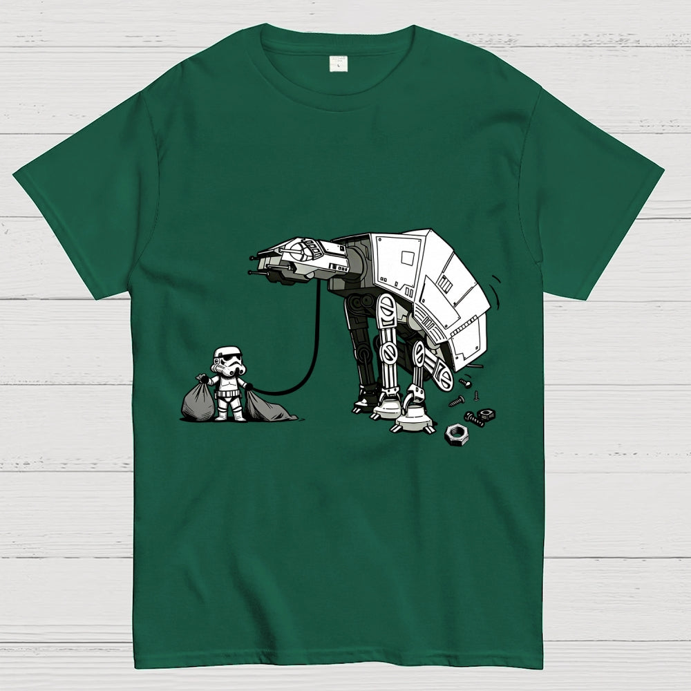 A Stormtrooper Is Picking Up Feces With A Huge Poop Bag Empire Robot Dog-Planet Battles  T-Shirt