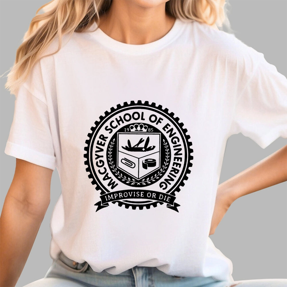Black White Macgyver School Of Engineering Improvise Or Die  T-Shirt