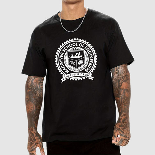Black White Macgyver School Of Engineering Improvise Or Die  T-Shirt