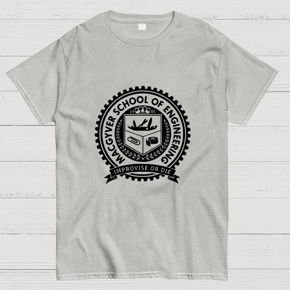 Black White Macgyver School Of Engineering Improvise Or Die  T-Shirt