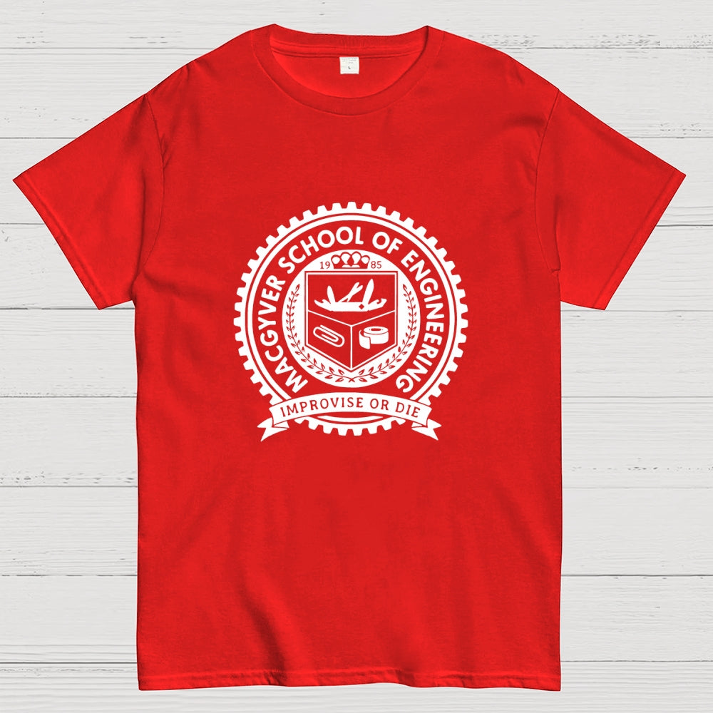 Black White Macgyver School Of Engineering Improvise Or Die  T-Shirt