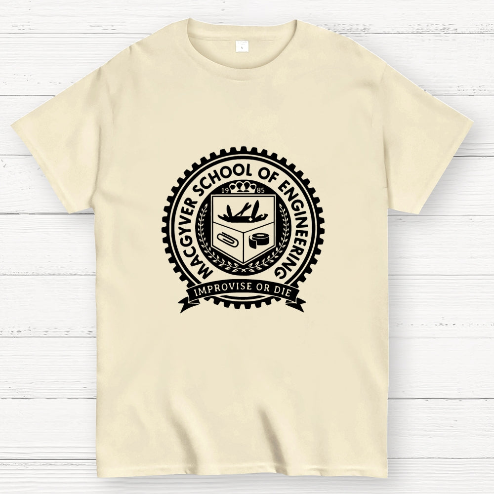 Black White Macgyver School Of Engineering Improvise Or Die  T-Shirt