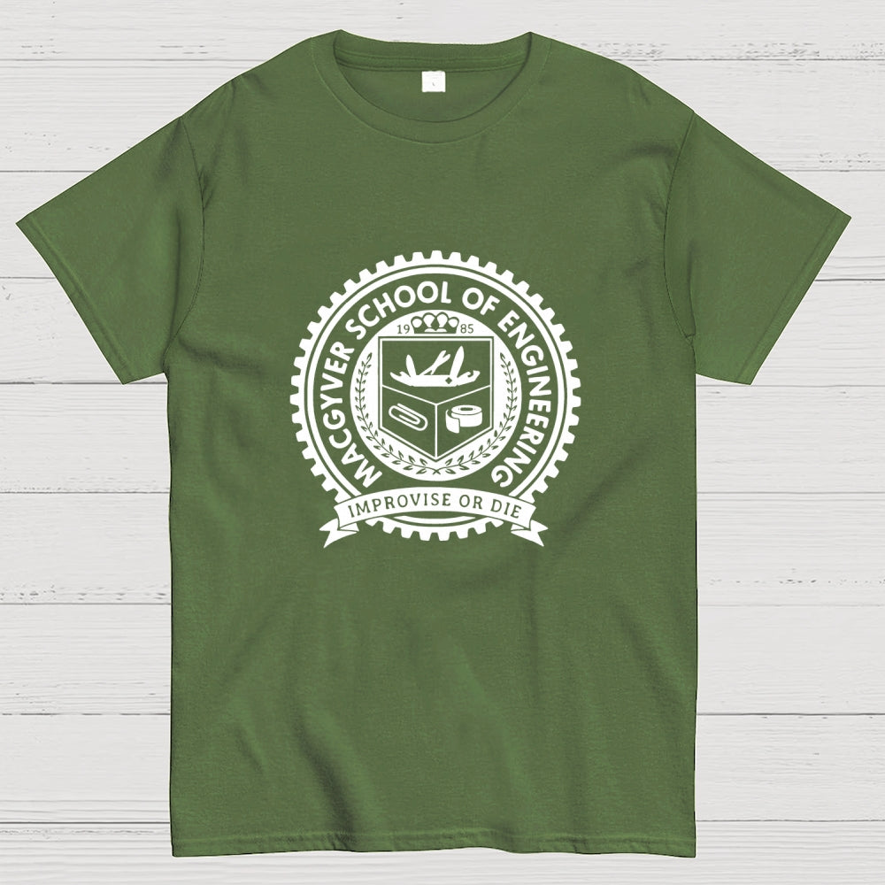 Black White Macgyver School Of Engineering Improvise Or Die  T-Shirt