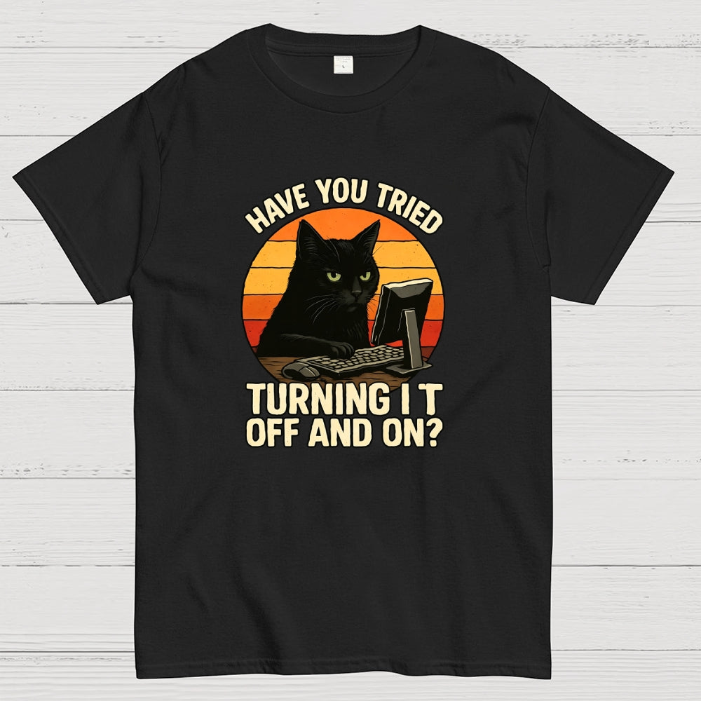Black Cat Tech Support Funny Retro IT  T-Shirt